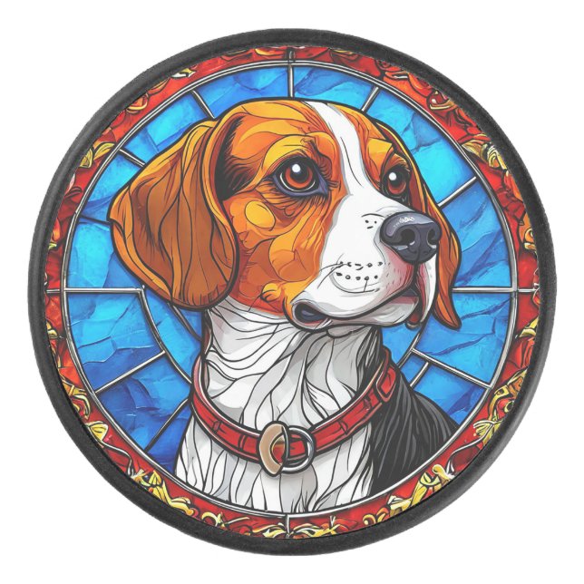 Beagle Dog in Vibrant Stained Glass Art Hockey Puck (Front)