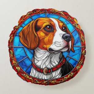 Beagle Dog in Vibrant Stained Glass Art Round Cushion