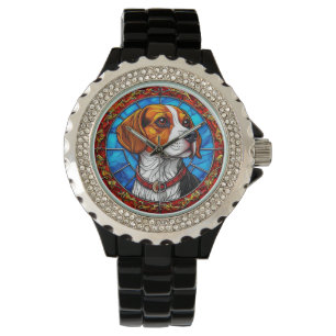 Beagle Dog in Vibrant Stained Glass Art Watch