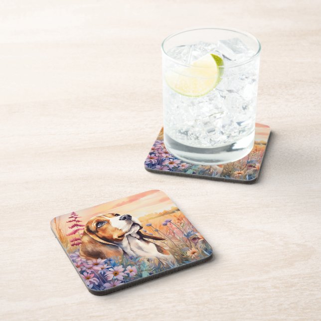 Beagle Dog Lover with Wildflower Meadow Coaster (Right Side)