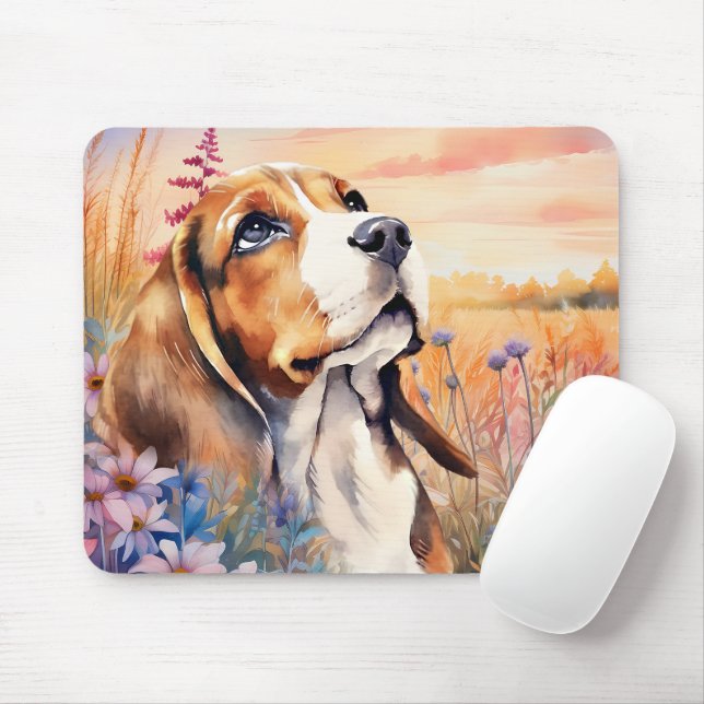 Beagle Dog Lover with Wildflower Meadow Mouse Mat (With Mouse)