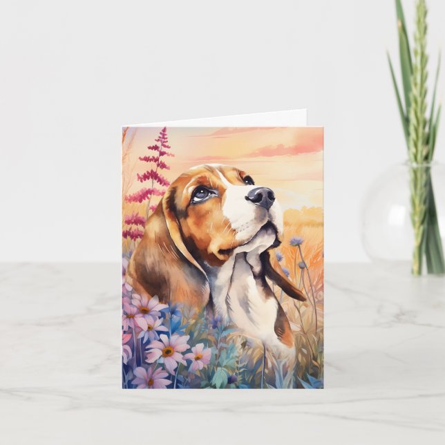 Beagle Dog Lover with Wildflower Meadow Note Card (Front)