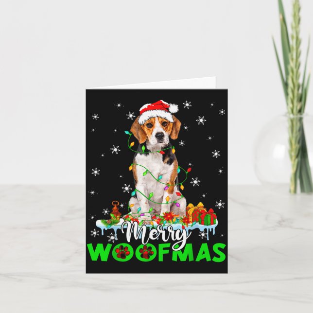 Beagle Dog Merry Woofmas Funny Xmas Lights Santa H Card (Front)
