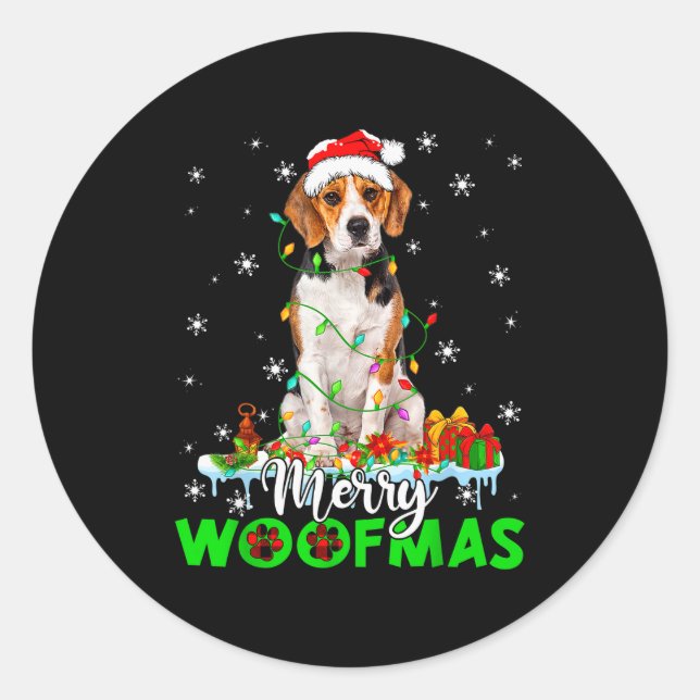 Beagle Dog Merry Woofmas Funny Xmas Lights Santa H Classic Round Sticker (Front)