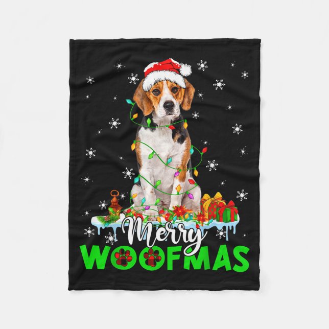 Beagle Dog Merry Woofmas Funny Xmas Lights Santa H Fleece Blanket (Front)