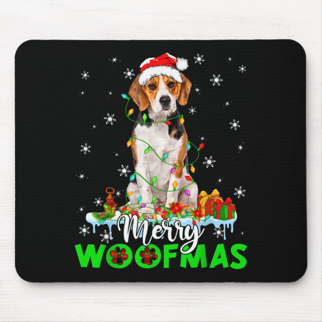 Beagle Dog Merry Woofmas Funny Xmas Lights Santa H Mouse Mat (Front)