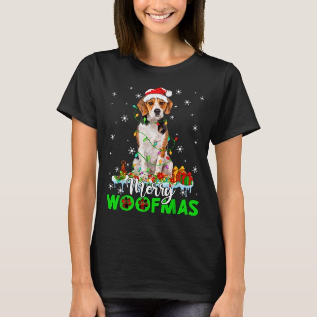Beagle Dog Merry Woofmas Funny Xmas Lights Santa H T-Shirt (Front)