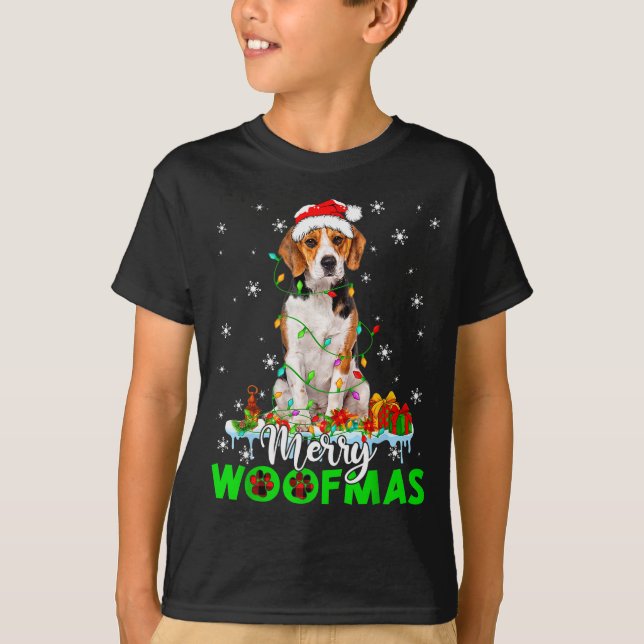 Beagle Dog Merry Woofmas Funny Xmas Lights Santa H T-Shirt (Front)