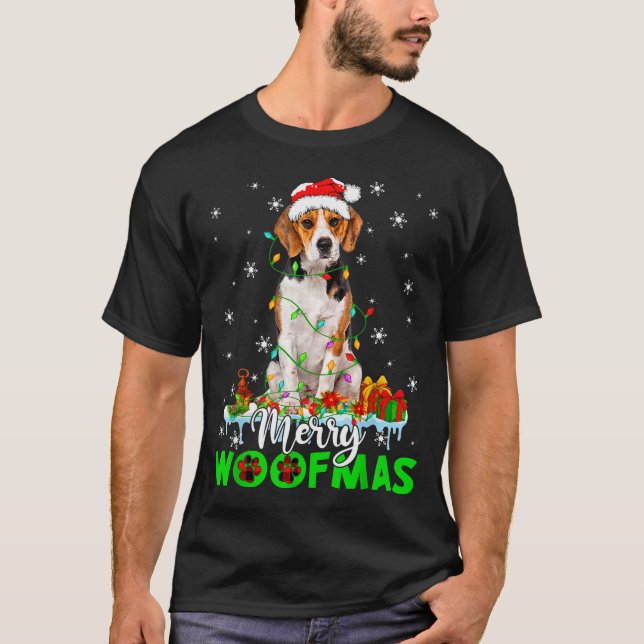 Beagle Dog Merry Woofmas Funny Xmas Lights Santa H T-Shirt (Front)