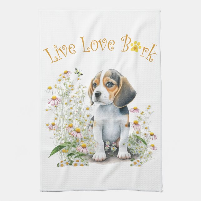 Beagle Dog Mum Floral Tea Towel (Vertical)