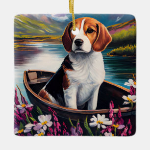 Beagle Dog on a Paddle: A Scenic Adventure Ceramic Ornament