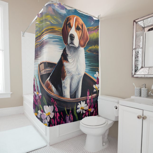 Beagle Dog on a Paddle: A Scenic Adventure Shower Curtain (In Situ)