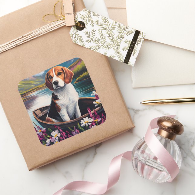 Beagle Dog on a Paddle: A Scenic Adventure Square Sticker (Gifting)