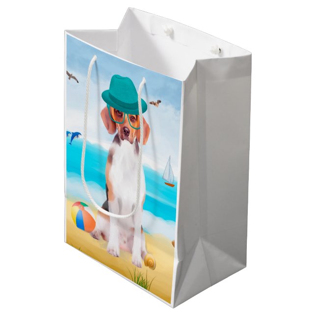 Beagle Dog On Beach Medium Gift Bag (Front Angled)