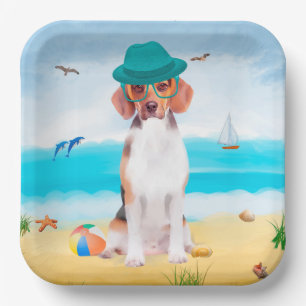 Beagle Dog On Beach Paper Plate
