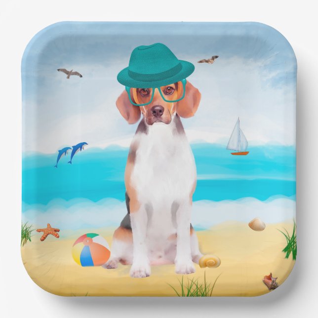 Beagle Dog On Beach Paper Plate (Front)
