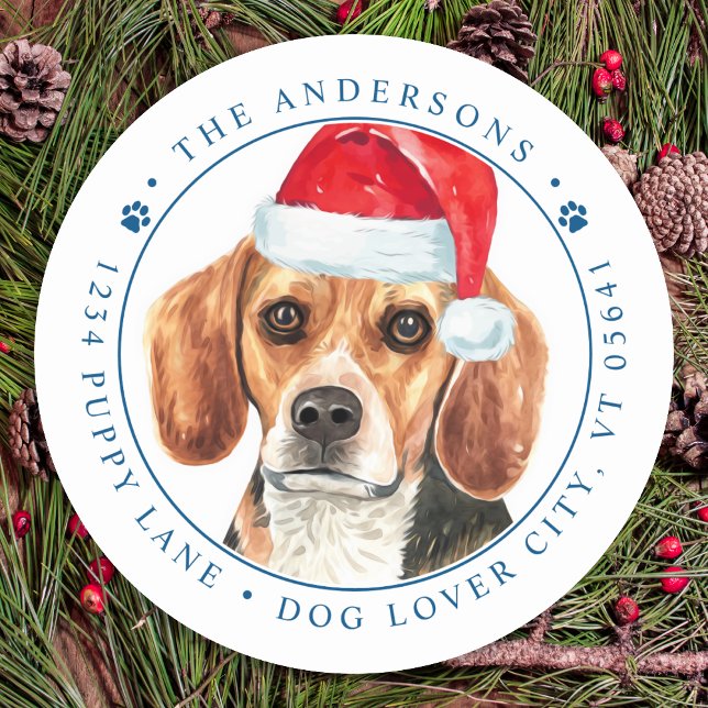 Beagle Dog Personalised Christmas Return Address Classic Round Sticker (Creator Uploaded)