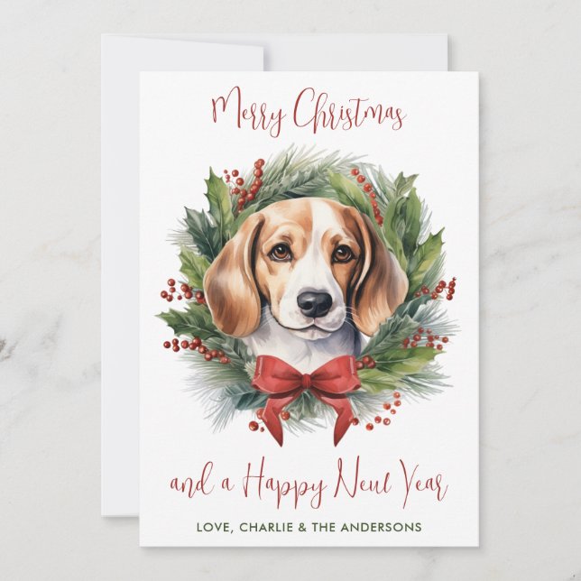 Beagle Dog Personalised Wreath Merry Christmas Holiday Card (Front)