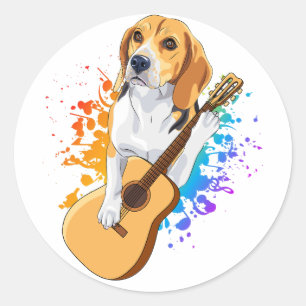 Beagle Dog Playing Acoustic Guitar Classic Round Sticker