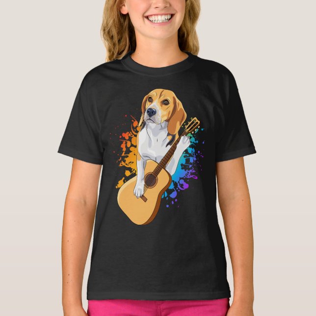 Beagle Dog Playing Acoustic Guitar Girl T-Shirt (Front)