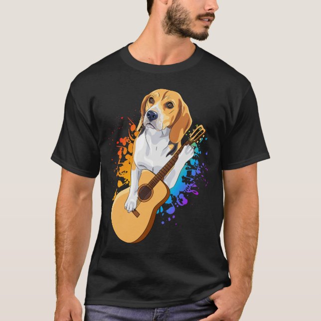 Beagle Dog Playing Acoustic Guitar Men T-Shirt (Front)