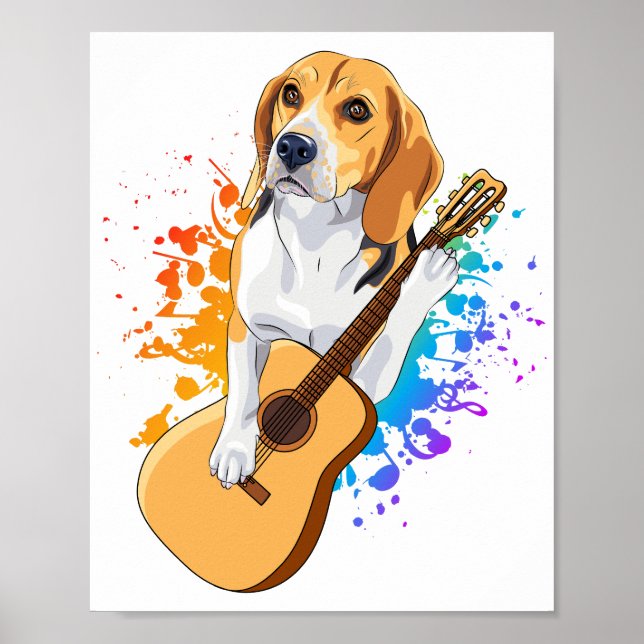 Beagle Dog Playing Acoustic Guitar Poster (Front)