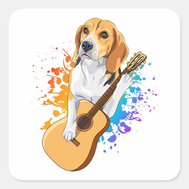 Beagle Dog Playing Acoustic Guitar Square Sticker (Front)