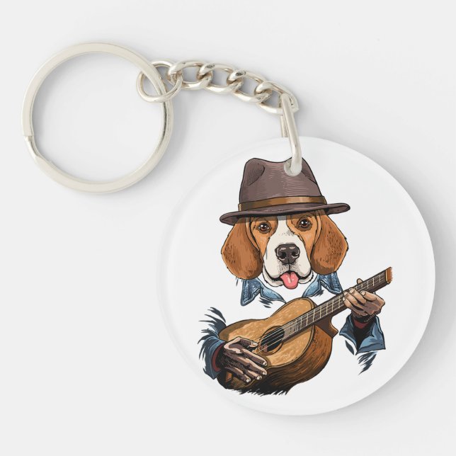 Beagle Dog Playing Guitar/ Funny Beagle Key Ring (Front)