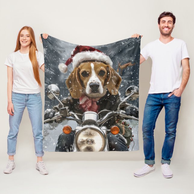 Beagle Dog Riding Motorcycle Christmas Fleece Blanket (In Situ)