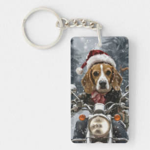 Beagle Dog Riding Motorcycle Christmas Key Ring