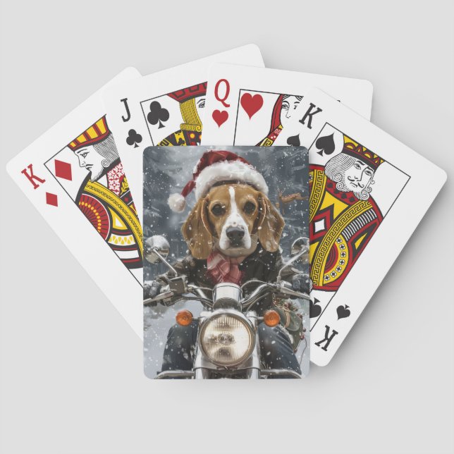 Beagle Dog Riding Motorcycle Christmas Playing Cards (Back)