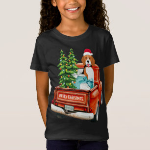 Beagle Dog Riding Red Truck Christmas T-Shirt