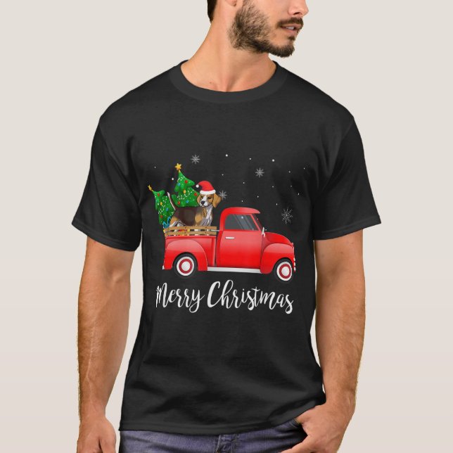 Beagle Dog Riding Red Truck Christmas T-Shirt (Front)