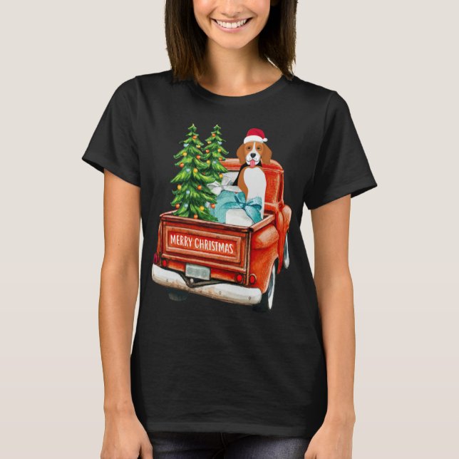 Beagle Dog Riding Red Truck Christmas T-Shirt (Front)