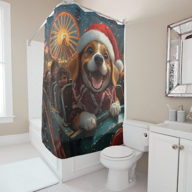 Beagle Dog Roller Coaster Christmas Shower Curtain (In Situ)