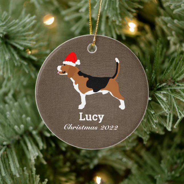Beagle Dog Santa Hat Personalised  Ceramic Tree Decoration (Tree)