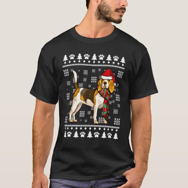 Beagle Dog Santa Hat Xmas Ugly Christmas T-Shirt (Front)