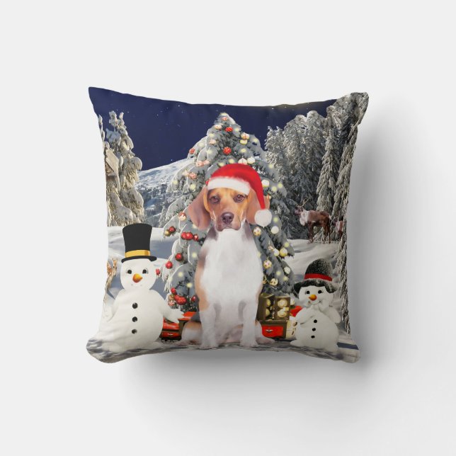 Beagle Dog Sitting in Snow Christmas Hat Cushion (Front)