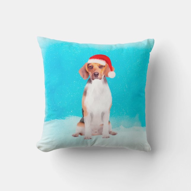 Beagle Dog Sitting On Beach Christmas Hat Cushion (Front)
