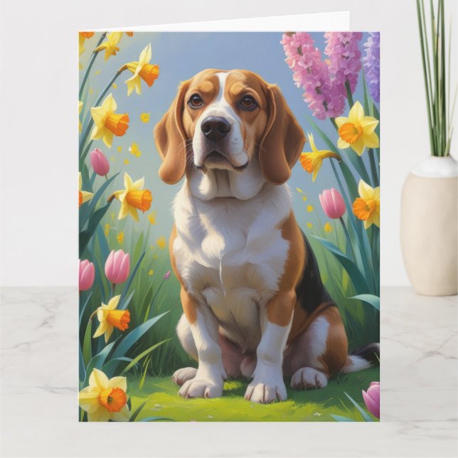 Beagle Dog Spring Flowers Painting  Card (Front)
