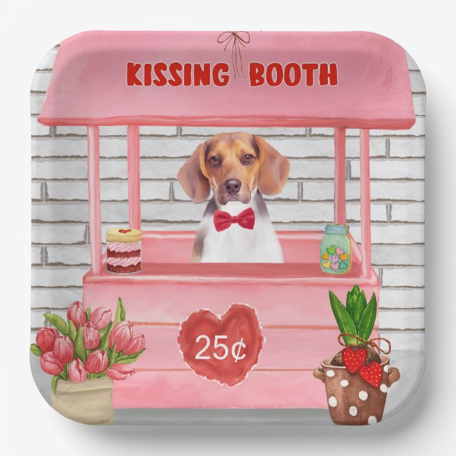 Beagle Dog Valentine's Day Kissing Booth Paper Plate (Front)