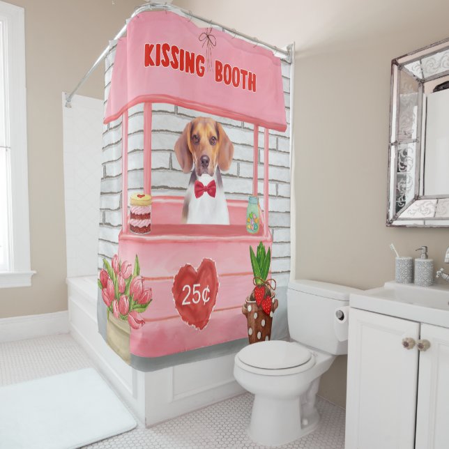 Beagle Dog Valentine's Day Kissing Booth Shower Curtain (In Situ)
