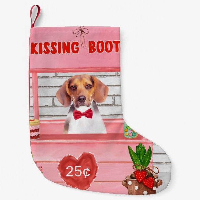 Beagle Dog Valentine's Day Kissing Booth Small Christmas Stocking (Front)