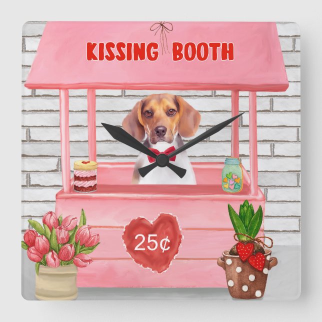 Beagle Dog Valentine's Day Kissing Booth Square Wall Clock (Front)