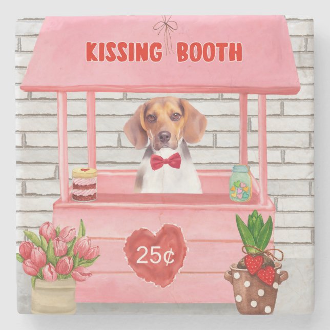 Beagle Dog Valentine's Day Kissing Booth Stone Coaster (Front)