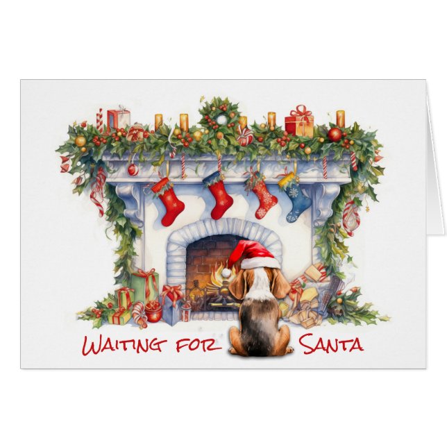 Beagle Dog Waiting on Santa Christmas Fireplace (Front Horizontal)