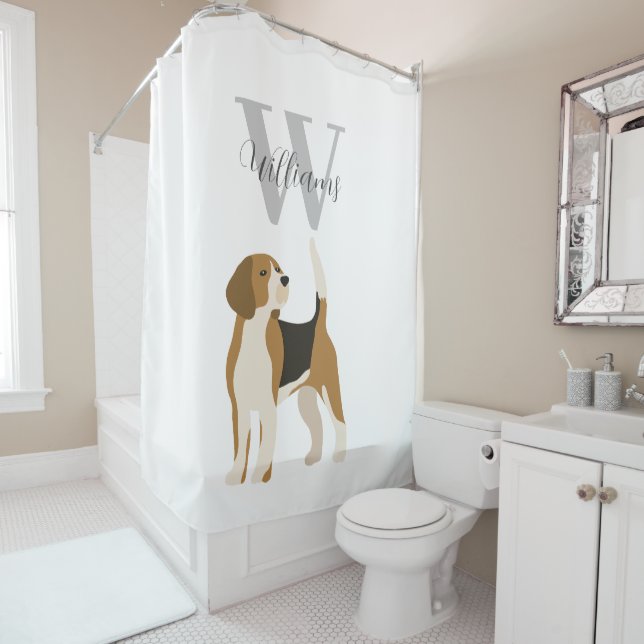 Beagle Dog Watercolor Monogram Name  Shower Curtain (In Situ)