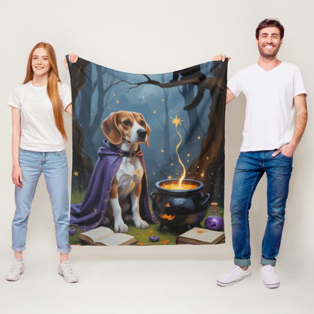 Beagle Dog Whimsical Halloween Painting Fleece Blanket (In Situ)