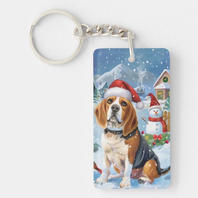 Beagle Dog Winter Wonderland Christmas Joy Key Ring (Front)