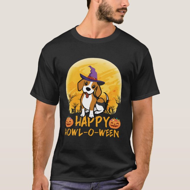 Beagle Dog Witch Scary Moon Halloween Happy Howl o T-Shirt (Front)